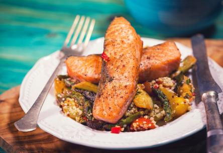 Jeweled Saffron Couscous with Salmon and Zucchini Kebabs