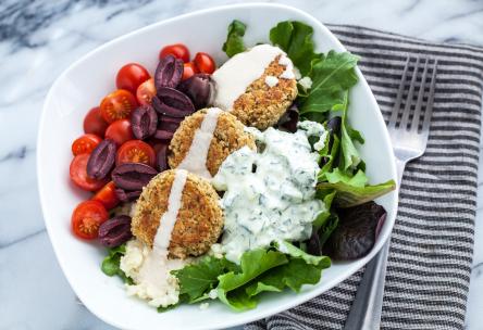 Baked Falafel Bowl with Tzatziki & Tahini Sauce