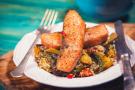 Jeweled Saffron Couscous with Salmon and Zucchini Kebabs